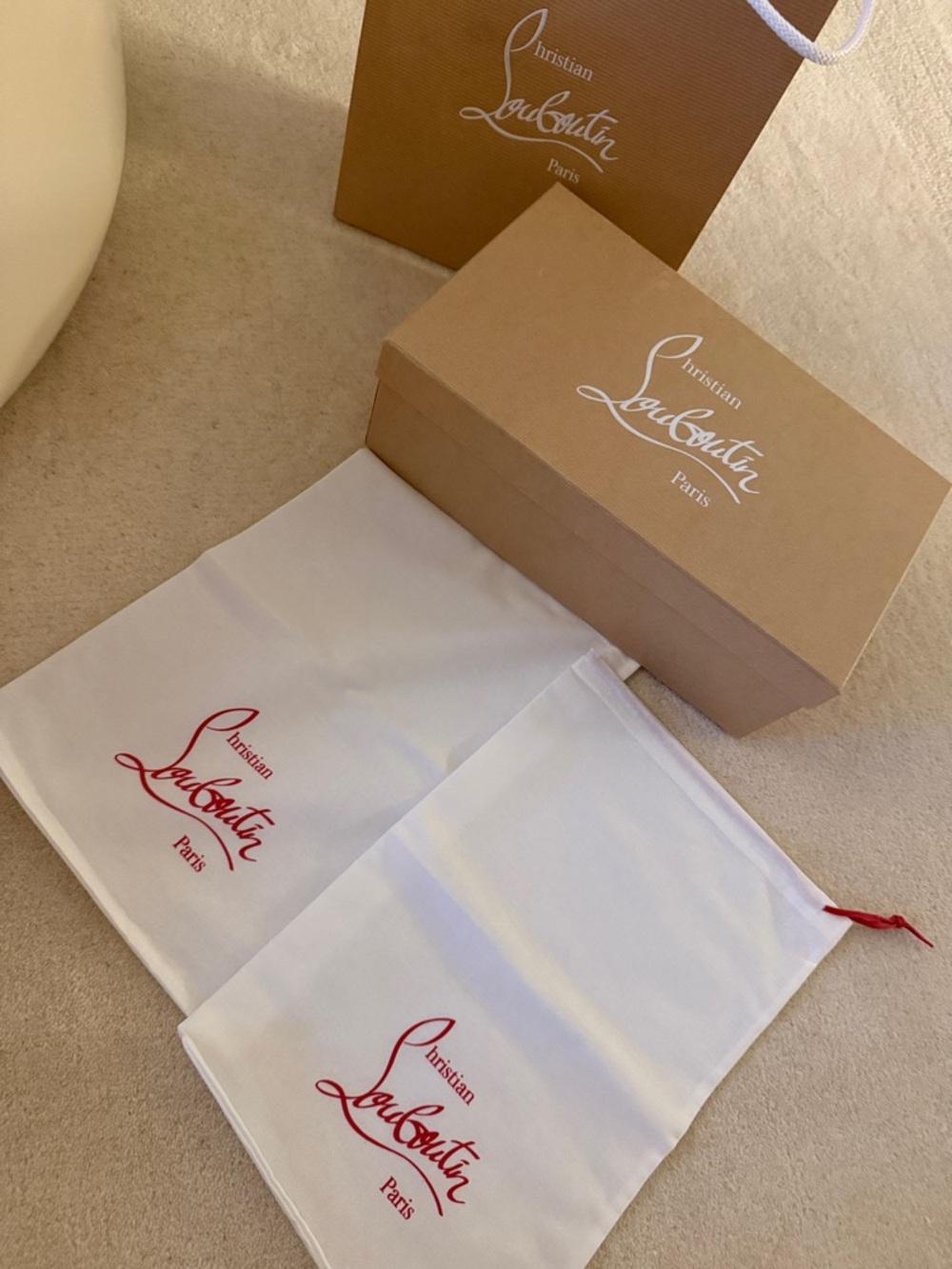 Christian Louboutin White Dust Bags with Red Logo and Tan Boxes